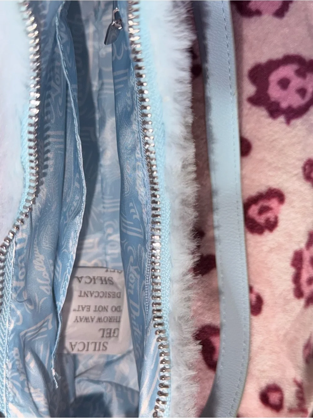 Baby Blue Faux-Fur Logo Shoulder Bag with Silver Charm Chain